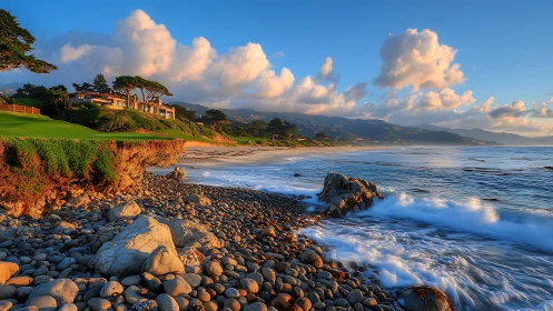 Golden coastal bluff home above rocky surf at sunset glow.