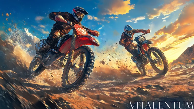 High-velocity dual motocross chase in sunlit particulate spray.
