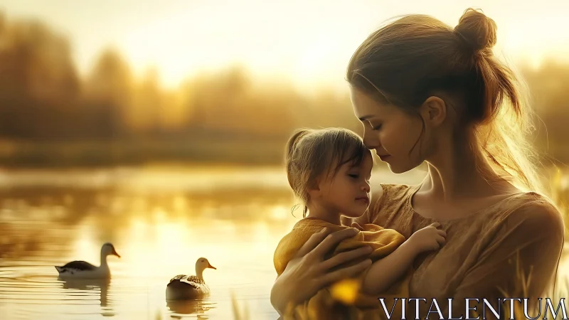 Woman and Child by Water at Sunrise with Waterfowl