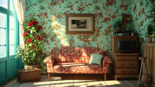 Sunlit floral sofa in a retro cozy living room corner.