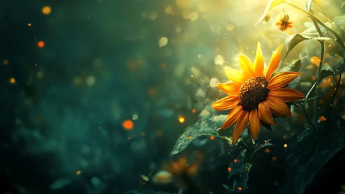 Sunflower glows in golden light amid dreamy forest haze.