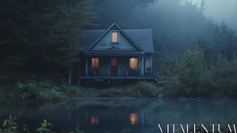 Foggy lakeside cabin glows warmly against dense forest backdrop