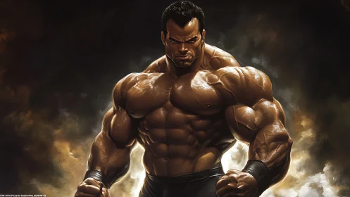 Hyper-muscular male figure stands centered in dramatic lighting