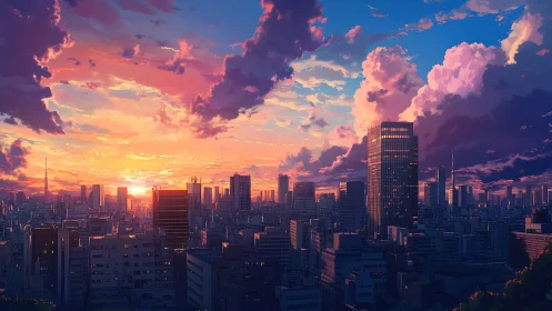 Urban skyline under stratified sunset cloud formations.