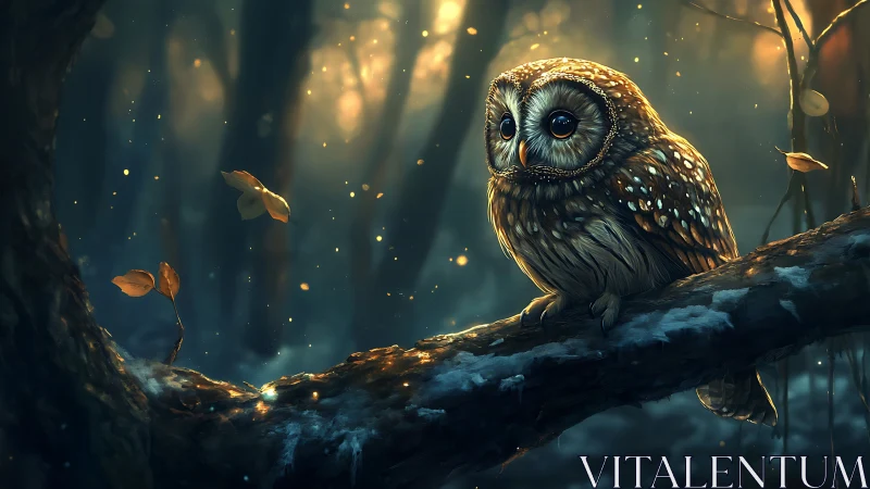 Enchanting Owl on Forest Branch in Magical Evening Light.