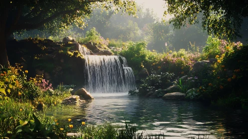 Sunlit forest waterfall with wildflower pond sanctuary.