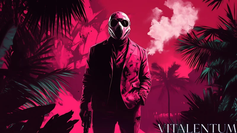 Neon jungle swallows a masked drifter in vaporous crimson haze