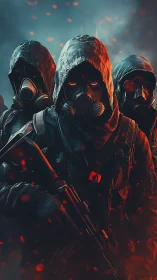 Paramilitary gasmask squad in ember-streaked toxic haze.