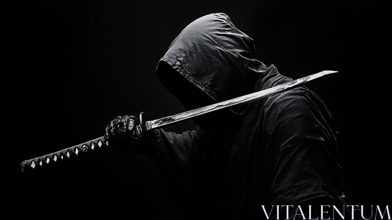 Hooded swordsman in low key silhouette with reflective katana.