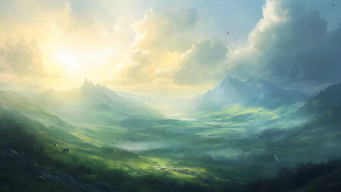 Sunlit alpine valley stretches beneath distant misty peaks