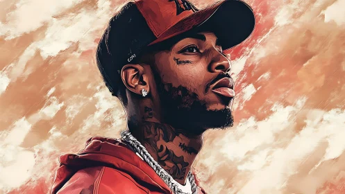 Digital portrait of tattooed man in red cap against pastel sky