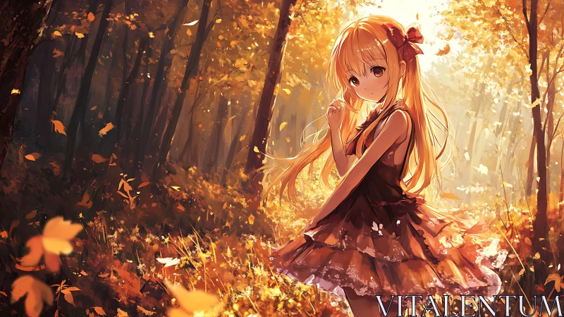 Anime girl standing in glowing autumn forest scene.