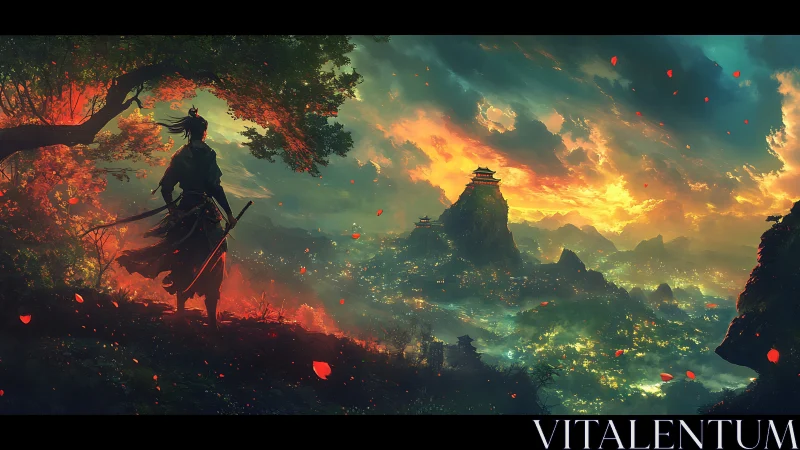 Lone samurai silhouette surveying illuminated valley citadel at dusk