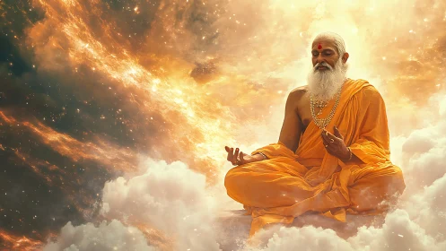 Digital painting of meditative guru amid celestial clouds.
