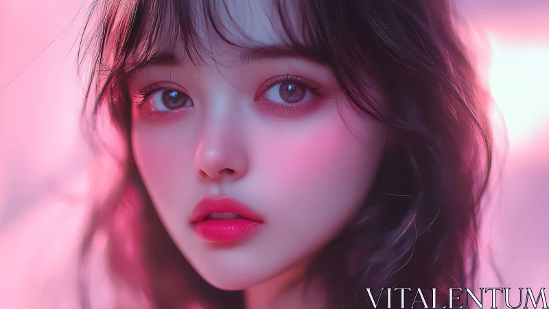 Softly lit digital portrait of young woman in pink glow.