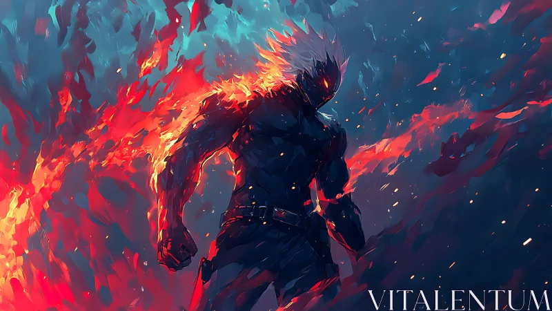 Silhouetted humanoid figure stands amid directional flame arcs