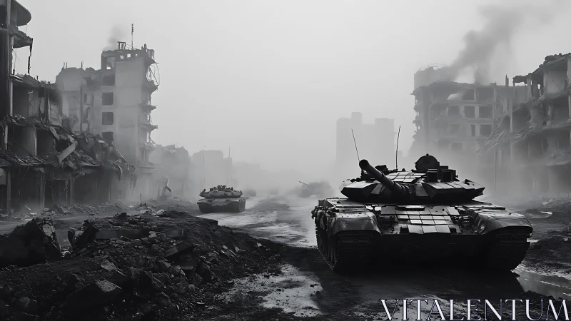 Main battle tank in foggy urban ruins with collapsing facades