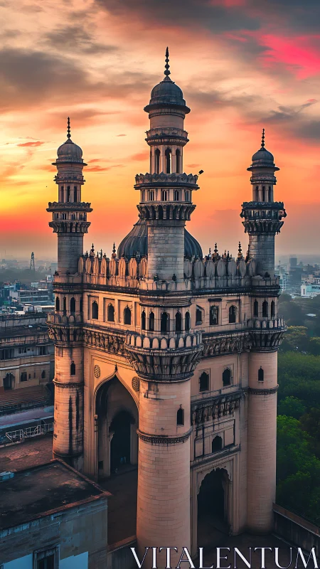 Charminar monument captured in warm, high-contrast sunset light