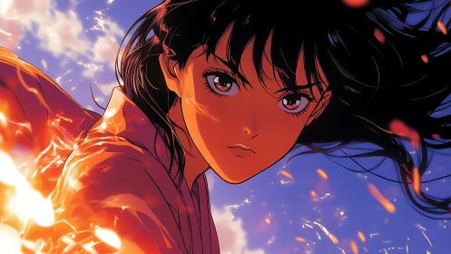 Fiery anime heroine in dynamic close-up against twilight sky.