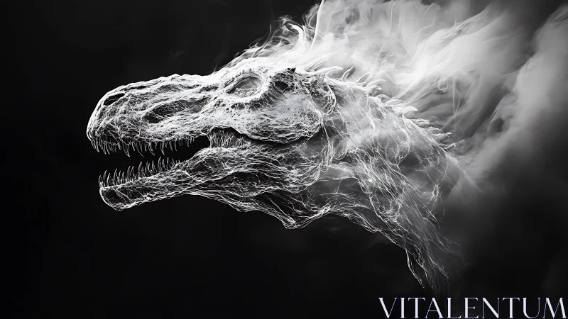 Dinosaur skull profile rendered in white smoke lines.