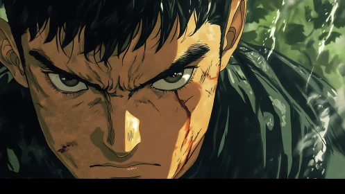 Battle-scarred warrior under rain with intense anime stare.