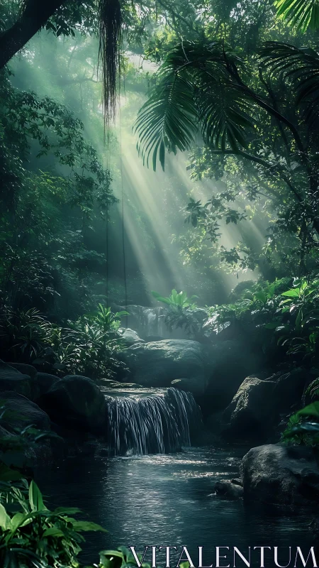 Sunlit rainforest cascade rendered in atmospheric digital realism