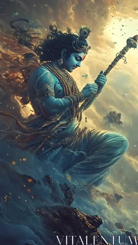 Divine blue deity rising through stormlit cosmic seas.