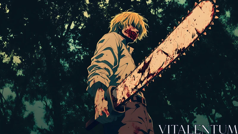 Bloodied anime figure holding chainsaw in dark forest.