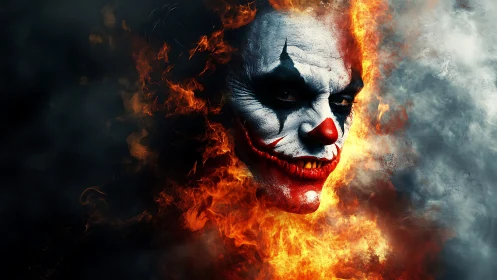 Clown face with fiery effects in dark atmospheric scene.