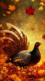 Wild turkey standing in autumn foliage with falling leaves.