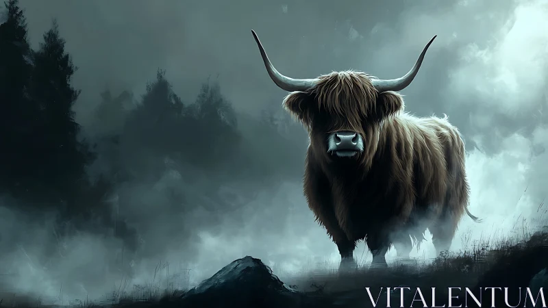 Highland bull emerges through misty forest gloom at dawn.