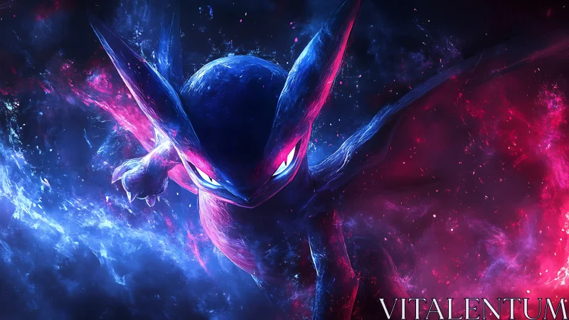 Energetic creature in contrasting blue and red cosmic field.