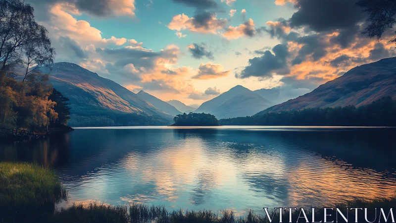 Sunset light kisses tranquil mountain lake beneath soft clouds