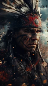 Warrior portrait in feathered headdress with facial markings.