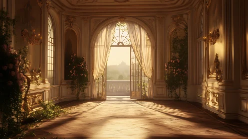 Sunlit baroque ballroom opens onto a serene palace terrace