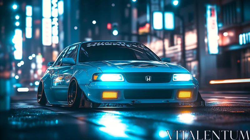 Lowered Honda sedan glows under neon city night rain