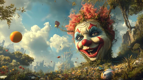 Colossal clown head looming over surreal ruined carnival.