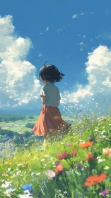 Anime hillside vista captures solitary figure in vivid bloom