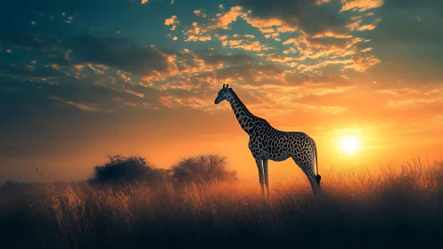 Giraffe walks the ember-lit savanna beneath a singing sky.