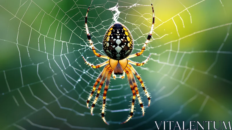 Orb-weaver spider centered on dew-lit web at sunrise.
