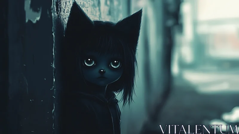Digital painting of nocturnal cat-girl in alleyway chiaroscuro.