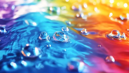 Multicolored liquid surface shows macro droplets in sharp focus