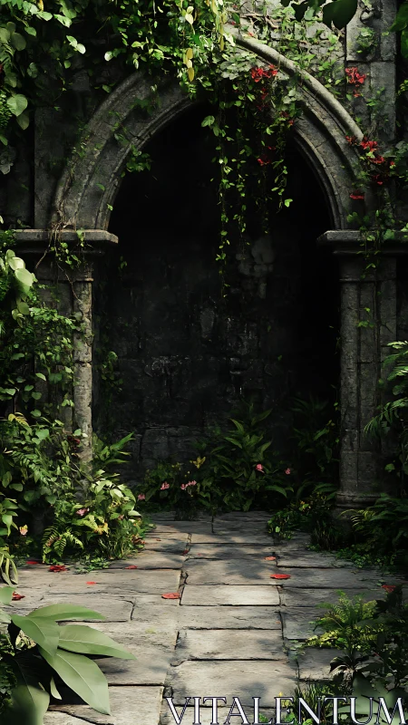 Overgrown stone archway frames lush shaded garden path