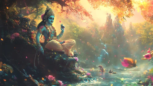 Divine blue figure observes luminous river under diffuse spectral light