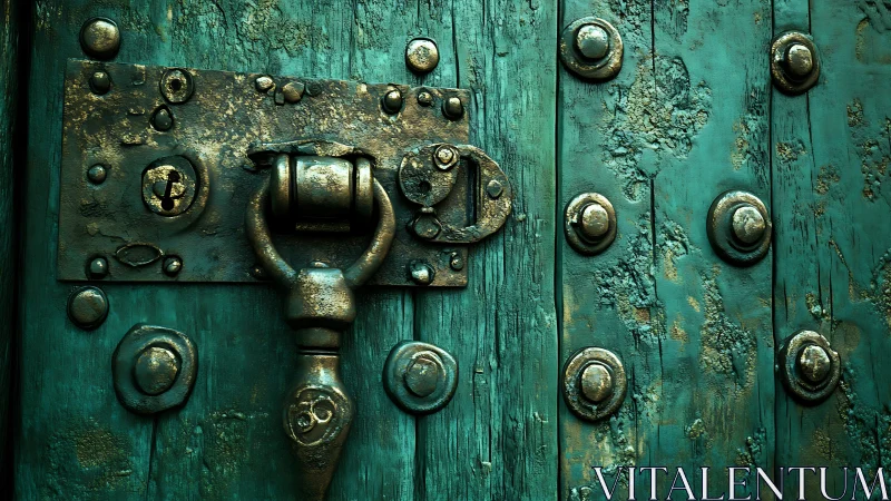Weathered teal door with ornate rustic metal knocker.