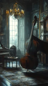 Baroque music chamber with double bass in soft dusk light.