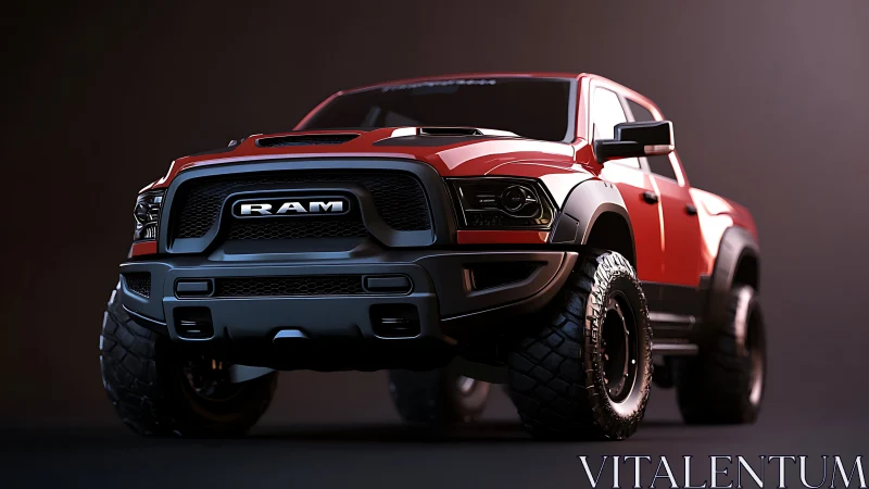 High-poly 3D render of lifted red RAM off-road truck front stance