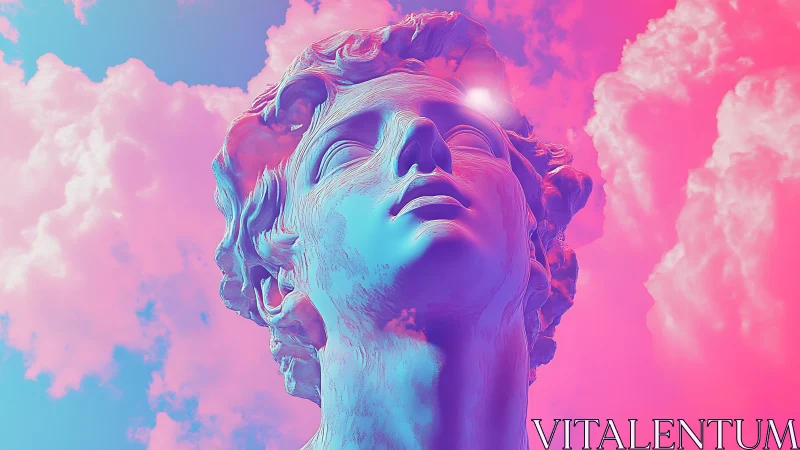 Classical statue head under neon pink and blue sky backdrop.