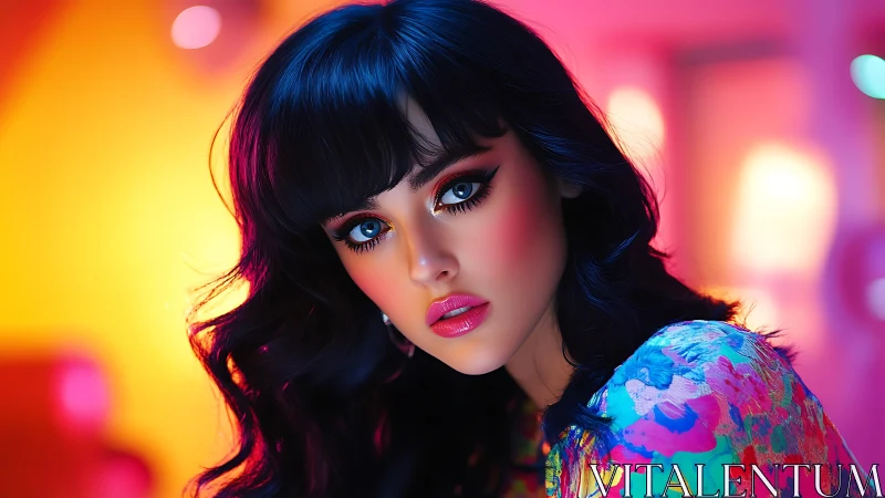 Vibrant digital portrait of woman in neon studio lighting.