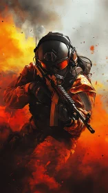 Elite tactical soldier emerging through blazing inferno.